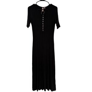 Dolan Left Coast Ribbed Henley Maxi Dress Black Short Sleeve Knit Womens XS